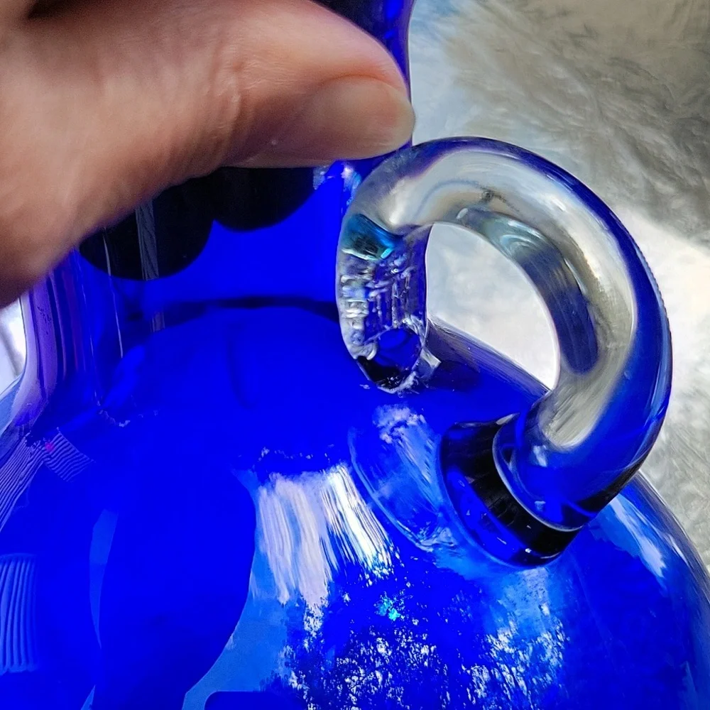 Vintage Blenko Cobalt Blue Clear Crystal Handmade Blown Glass Vase Urn Rare 8x6
